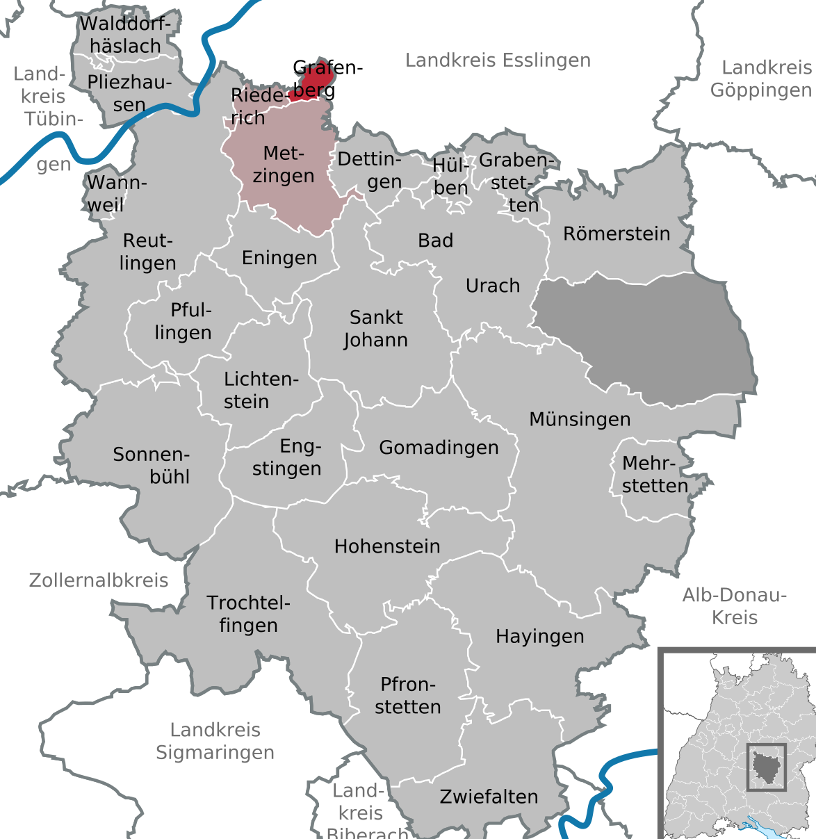 Lage der Gemeinde Grafenberg im Landkreis Reutlingen